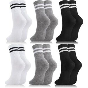 Womens White Crew Socks 6 Pair Striped Trim Casual Crew Socks Mid Calf Ankle